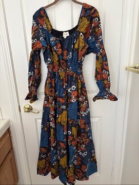 Cleobella Navy Floral Maxi Dress with Rust & Mustard Accents